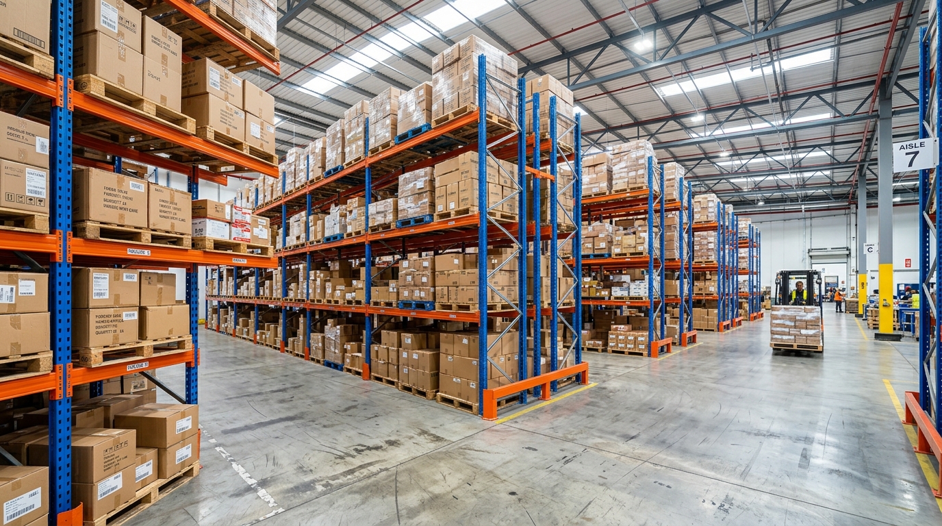 Ağır yük çelik raf sistemleri ve forklift bulunan endüstriyel depo içi